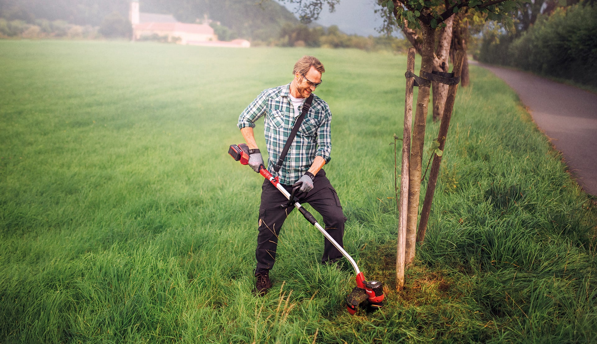 A man removes the grass from around a tree