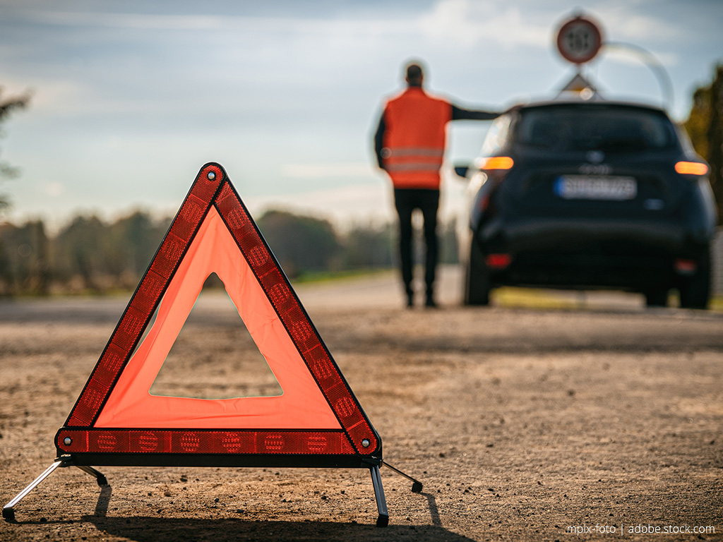 delusional triangle stands behind a car